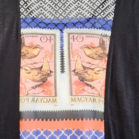 One World Blouse Womens Medium Black Yellow Dolman Short Cap Sleeve Boho Stretch - Picture 5 of 15